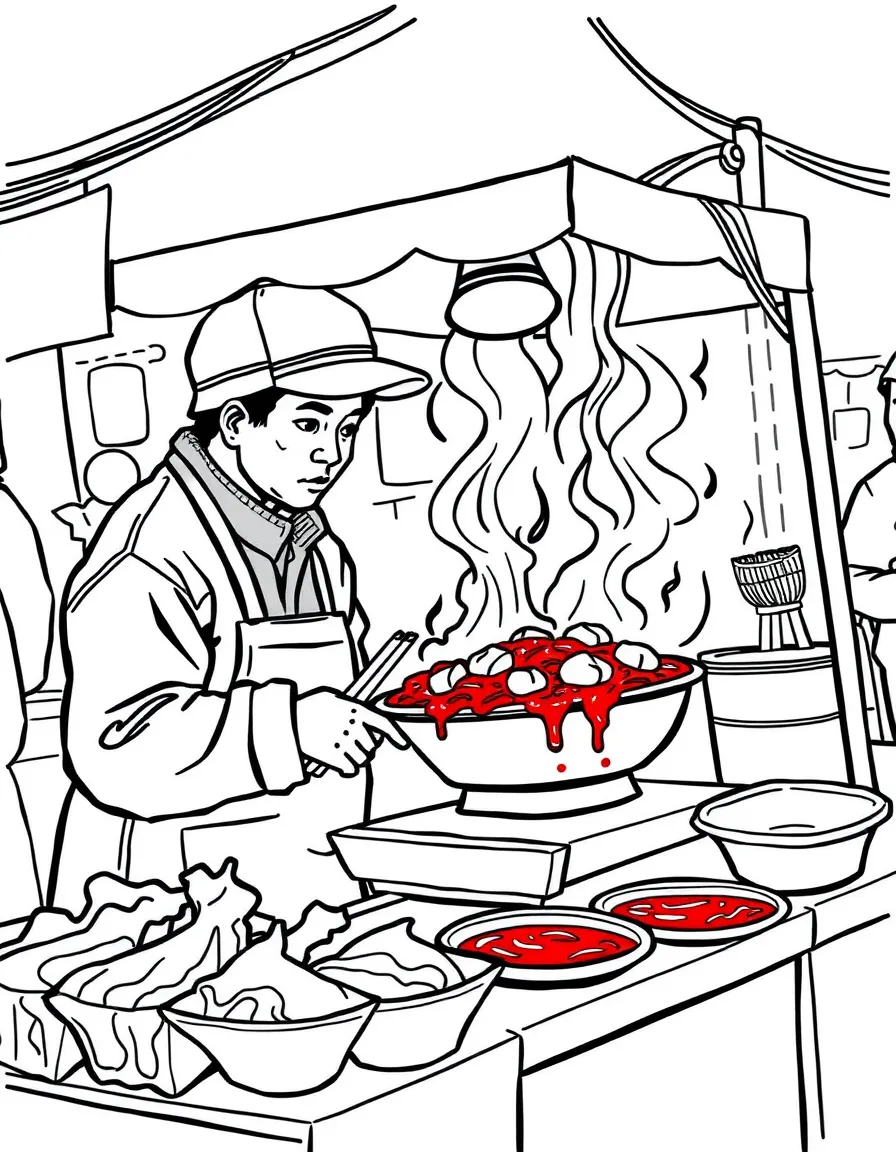 (South Korea) A street vendor cooking spicy tteokbokki rice cakes in red sauce at a market stall.
