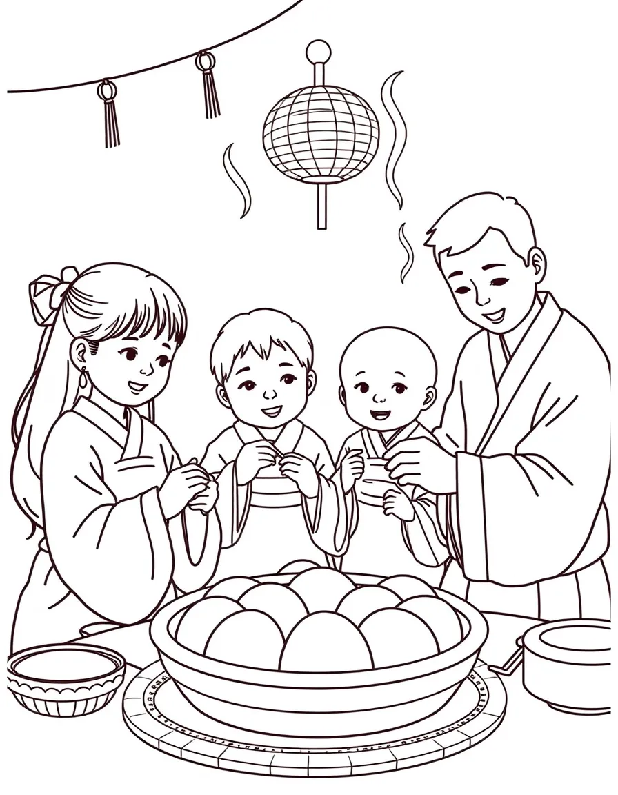 (South Korea) A family making songpyeon (half-moon rice cakes) together for the Chuseok festival.