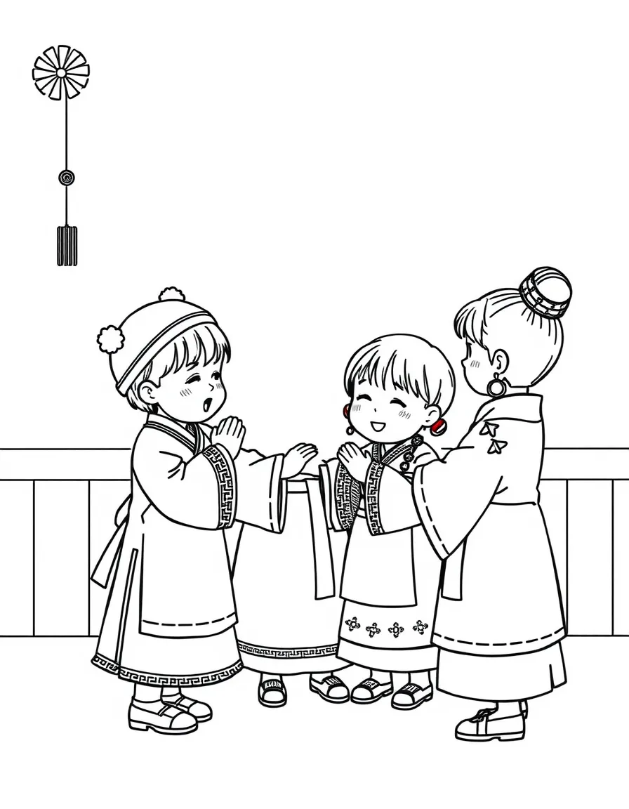 (South Korea) Children in hanbok performing a deep New Year’s bow (sebae) to their grandparents.