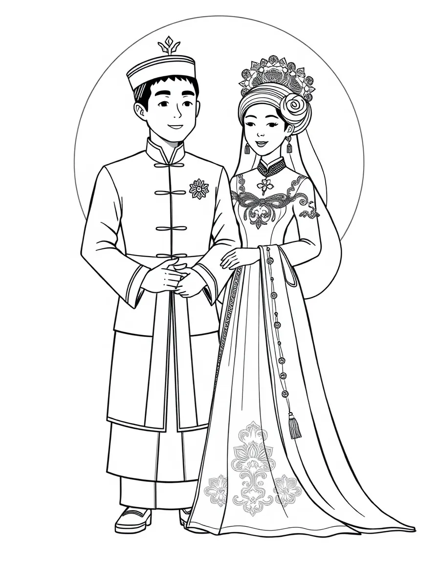 (South Korea) A bride and groom wearing elegant traditional Korean wedding hanbok outfits.