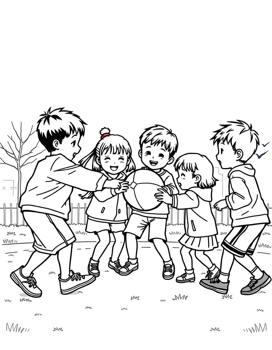 (South Korea) Kids playing jegichagi (a Korean hacky sack game) together in a playground.
