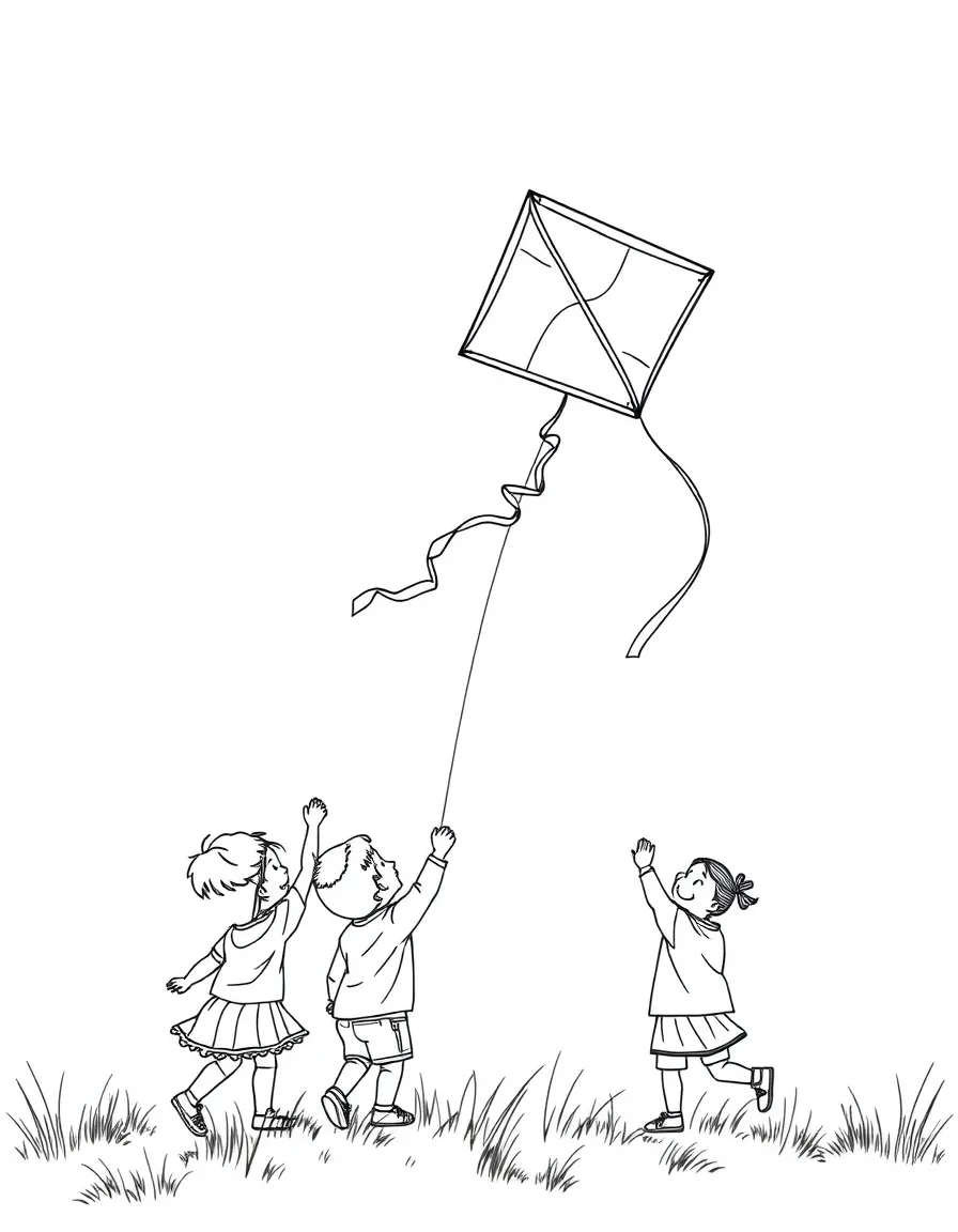 (South Korea) Children flying a traditional Korean rectangle kite high up in the sky.