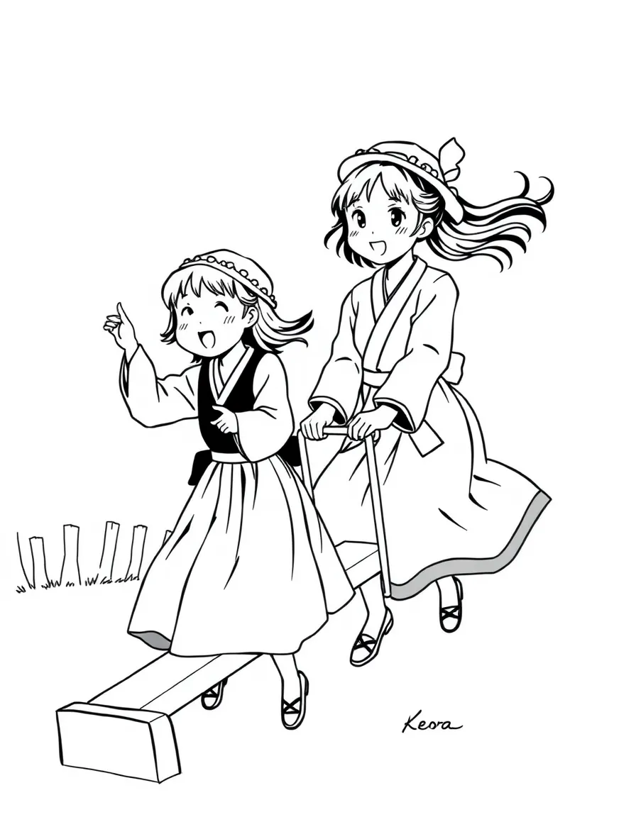 (South Korea) Two girls in hanbok playing neolttwigi (a seesaw game) and jumping high in the air.