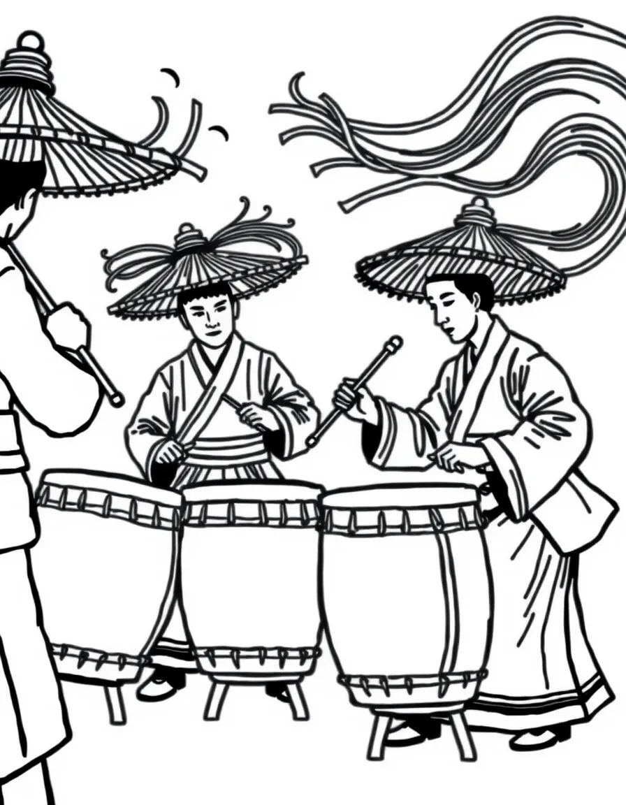 (South Korea) Musicians playing samulnori drums with long ribboned hats swirling as they move.
