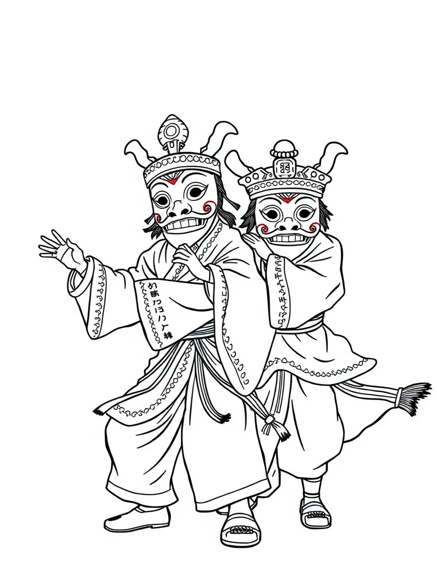 (South Korea) Dancers wearing Hahoe masks performing a lively traditional mask dance (talchum).
