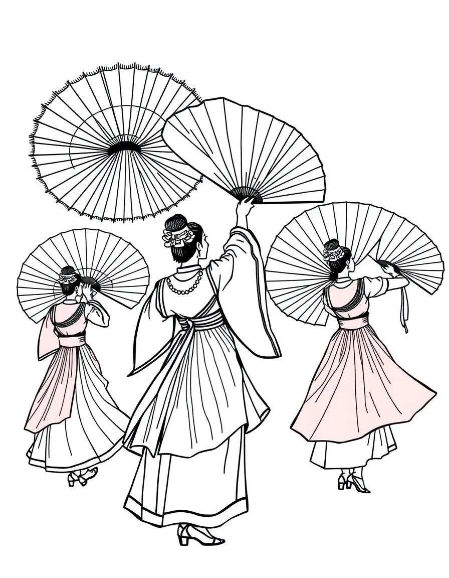 (South Korea) Graceful performers doing a Korean fan dance with large brightly colored fans.