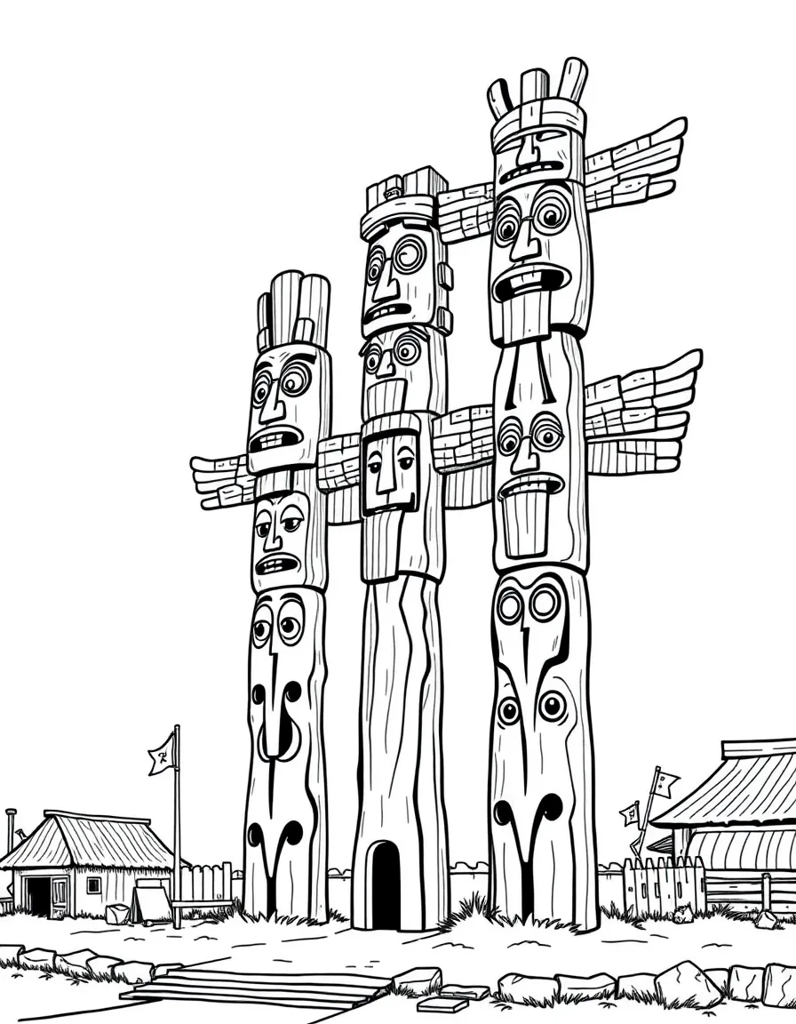 (South Korea) Tall wooden jangseung totem poles with funny carved faces standing at a village entrance.