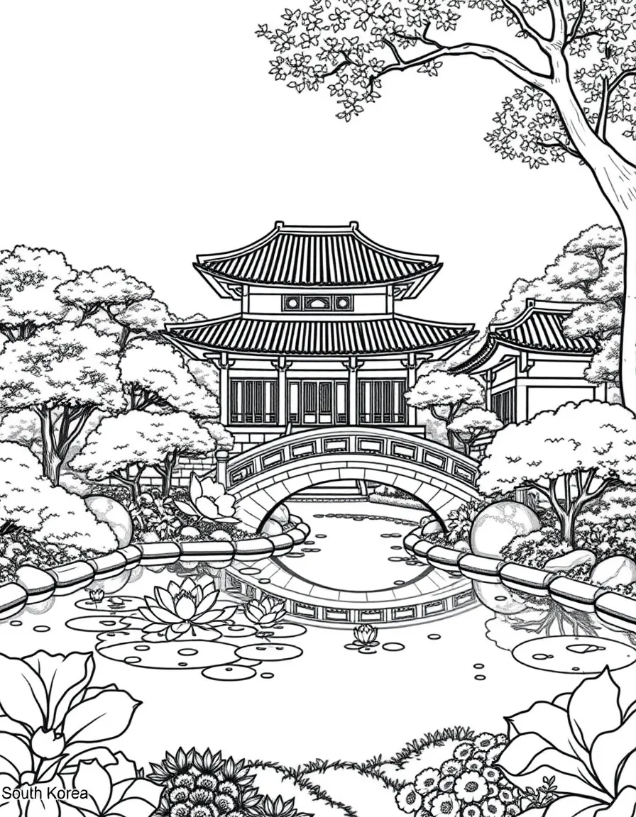 (South Korea) A peaceful palace garden with a lotus pond and a small curved stone bridge.