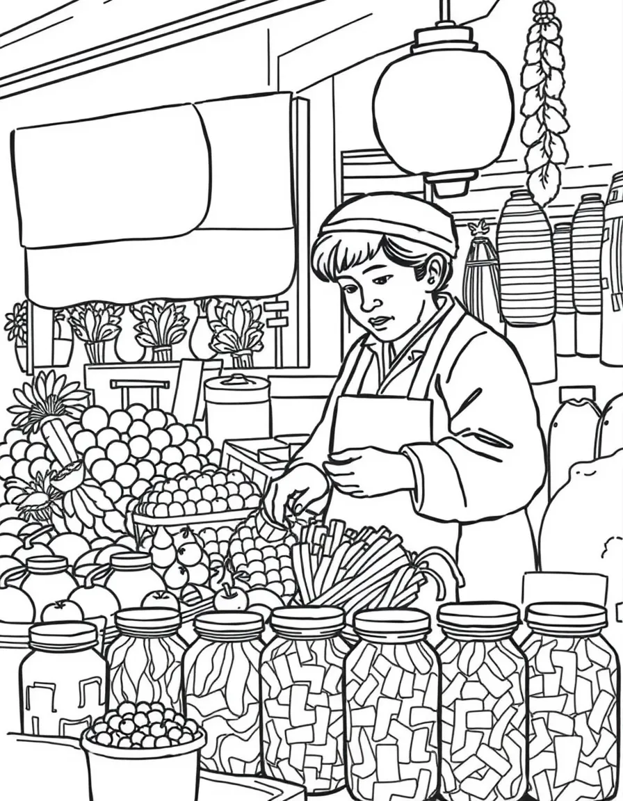 (South Korea) A vendor at a traditional market selling fruits, vegetables, and jars of kimchi.
