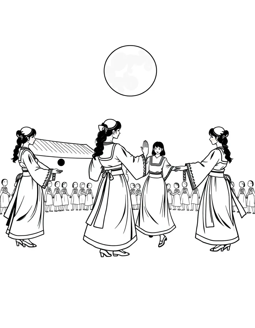 (South Korea) Girls in hanbok holding hands and dancing in a circle under the full moon (Ganggangsullae dance).