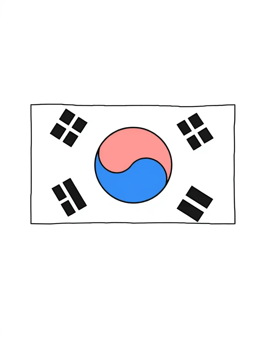 (South Korea) The South Korean flag (Taegeukgi) with its red and blue circle and black trigram symbols.