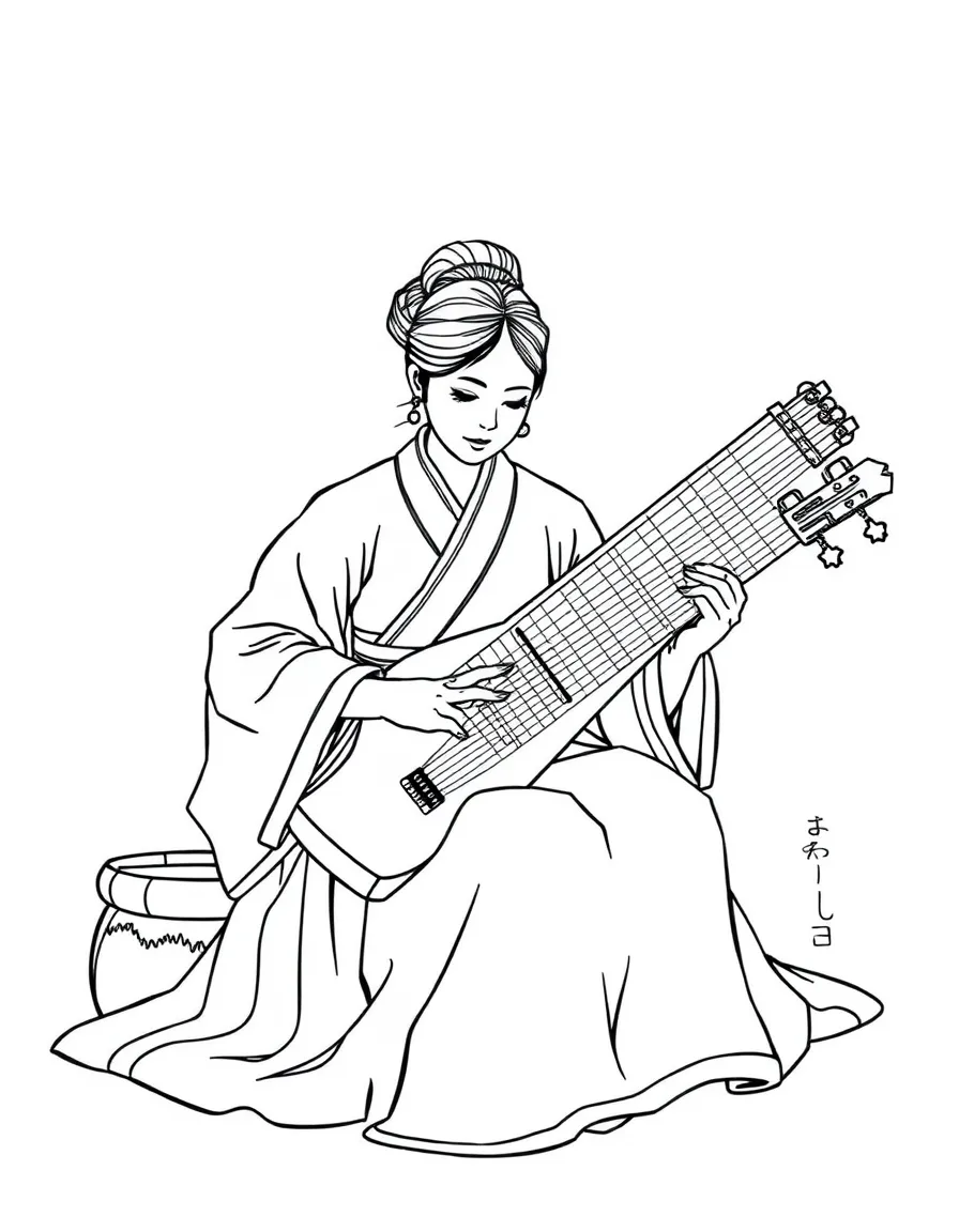 (South Korea) A musician in hanbok sitting and playing a gayageum (traditional zither instrument).