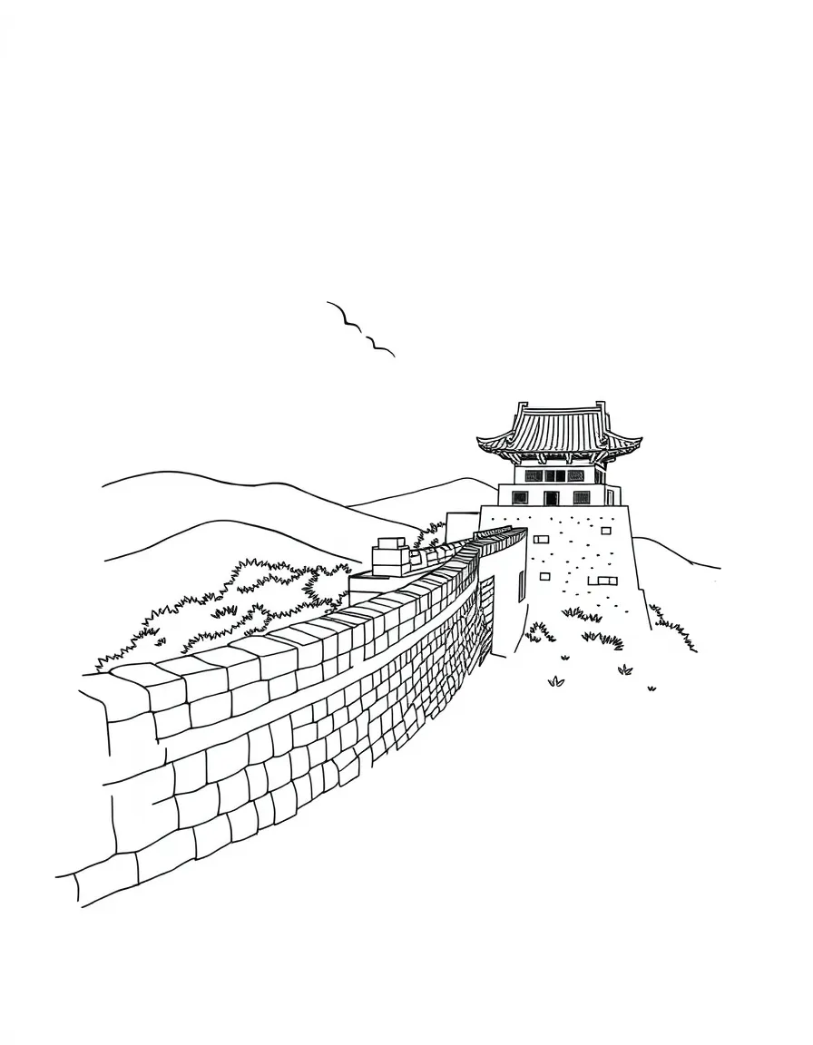 (South Korea) The old walls of Suwon Hwaseong Fortress with a guard tower overlooking the land.