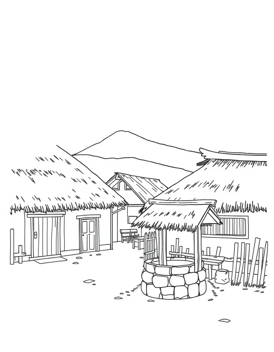 (South Korea) A folk village scene with straw-roofed houses and an old water well.