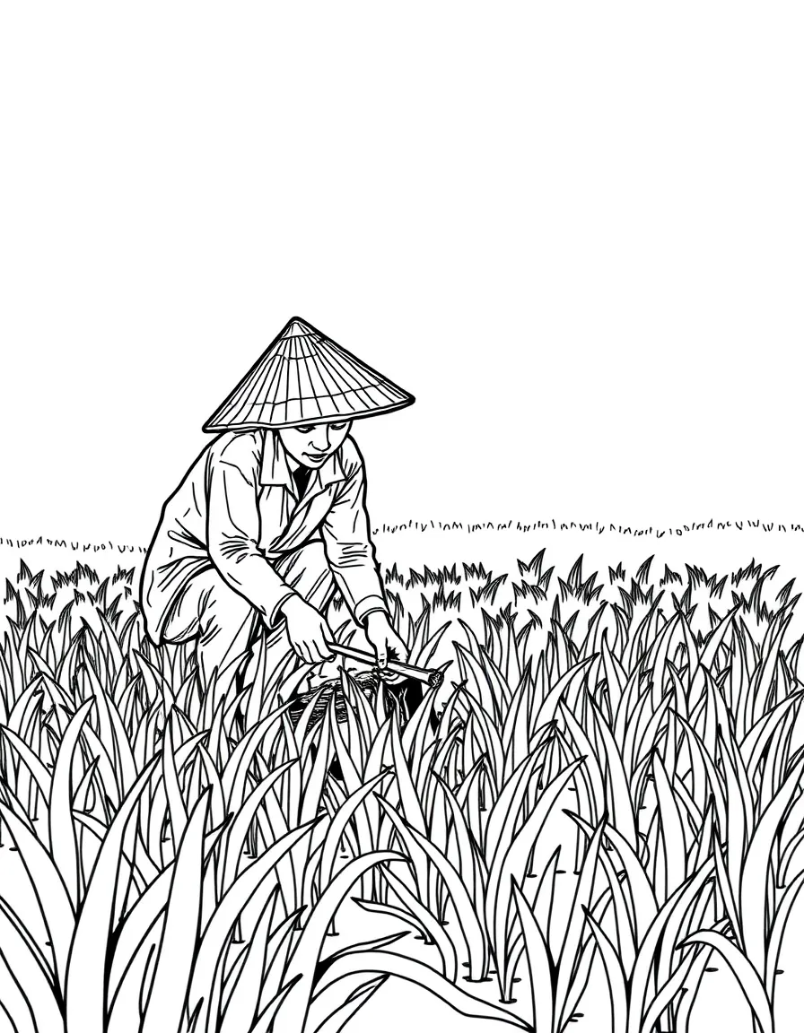 (South Korea) A farmer in a straw hat planting rice seedlings in a green paddy field.