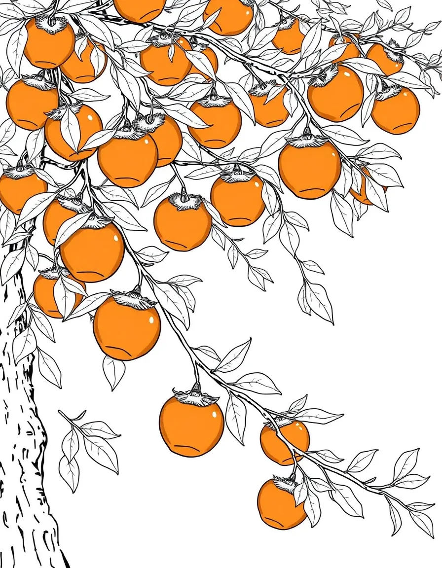 (South Korea) A persimmon tree in autumn with branches full of orange persimmons.
