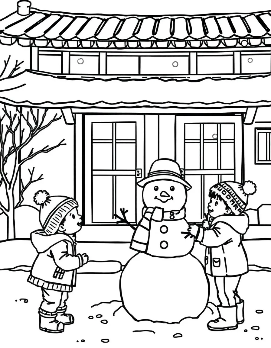 (South Korea) Children building a snowman outside a traditional hanok house on a winter day.