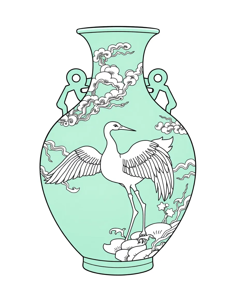 (South Korea) A beautiful green-blue celadon vase with crane and cloud patterns from ancient Korea.