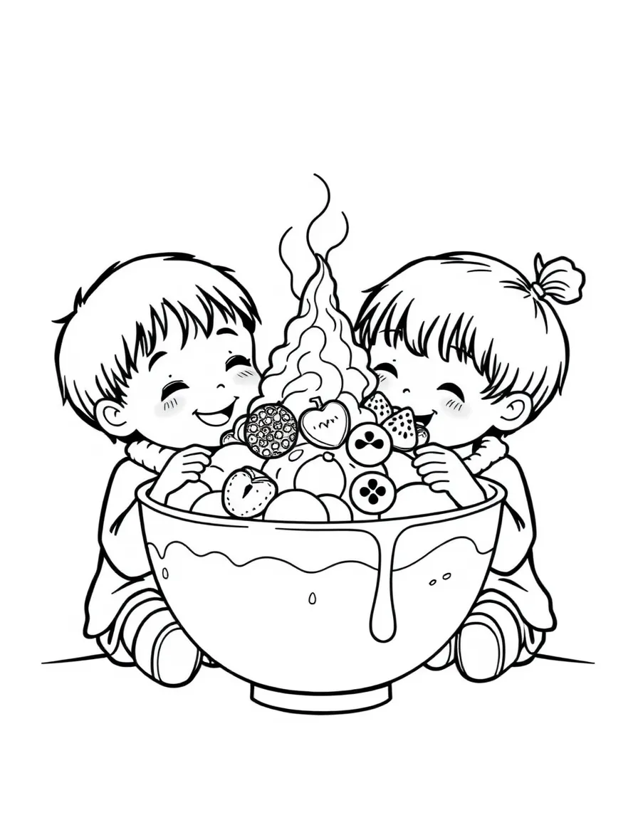 (South Korea) Two kids sharing a big bowl of patbingsu (Korean shaved ice dessert topped with fruit).