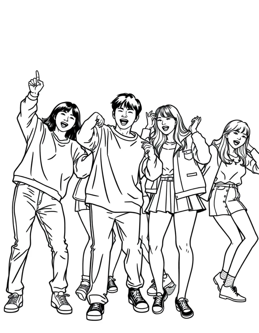(South Korea) A group of friends dancing to upbeat K-pop music and copying their favorite idol’s moves.