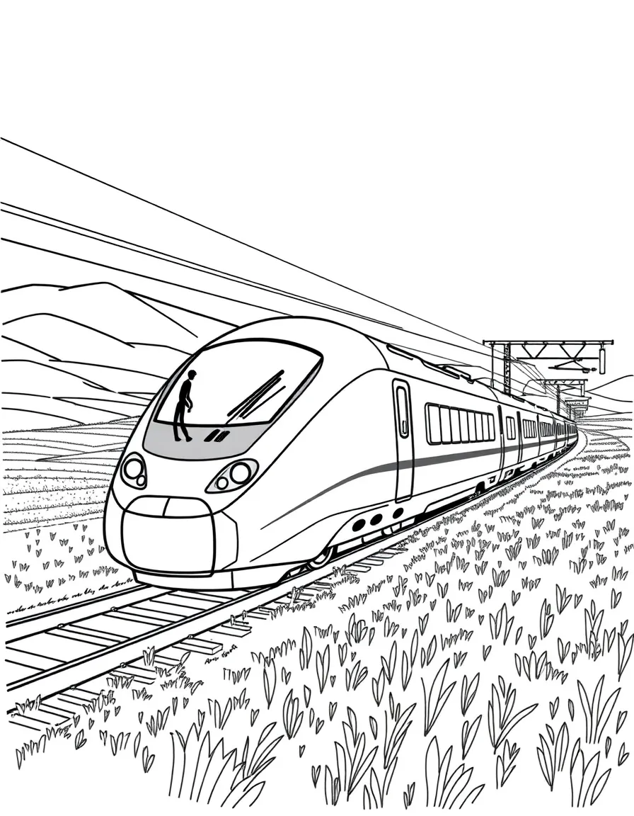 (South Korea) A sleek KTX high-speed train racing through the countryside past green fields.