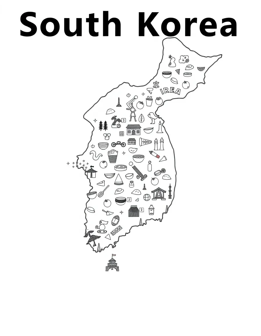 (South Korea) An outline map of South Korea filled with tiny drawings of its famous foods, landmarks, and cultural symbols.