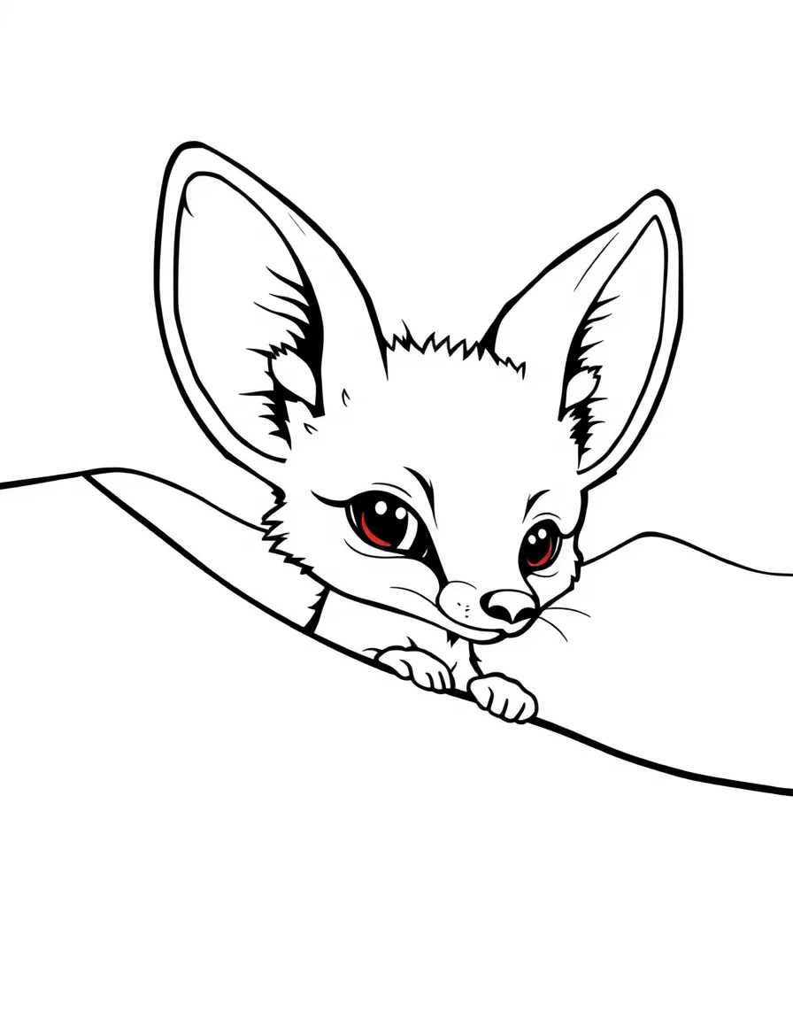 (Egypt) A tiny fennec fox with big ears peeking out from behind a desert dune.