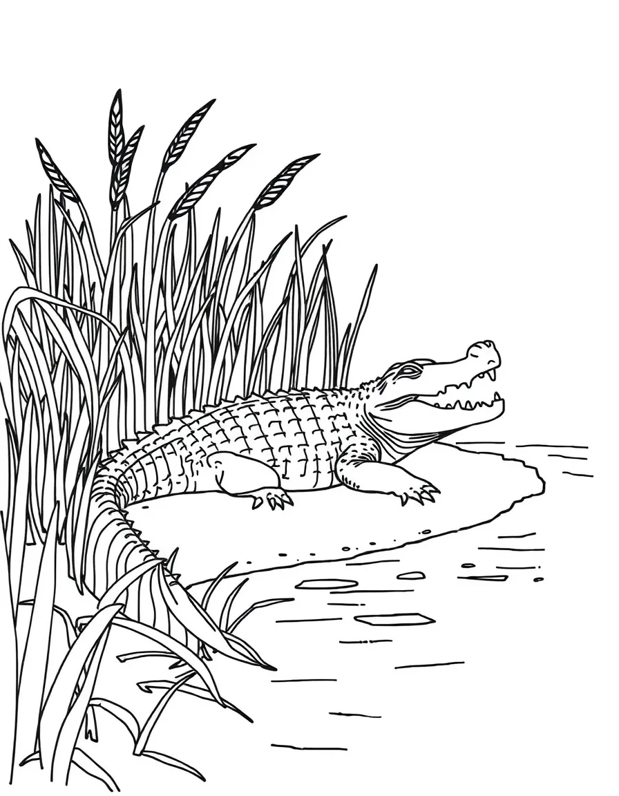 (Egypt) A Nile crocodile basking on a riverbank among the reeds.