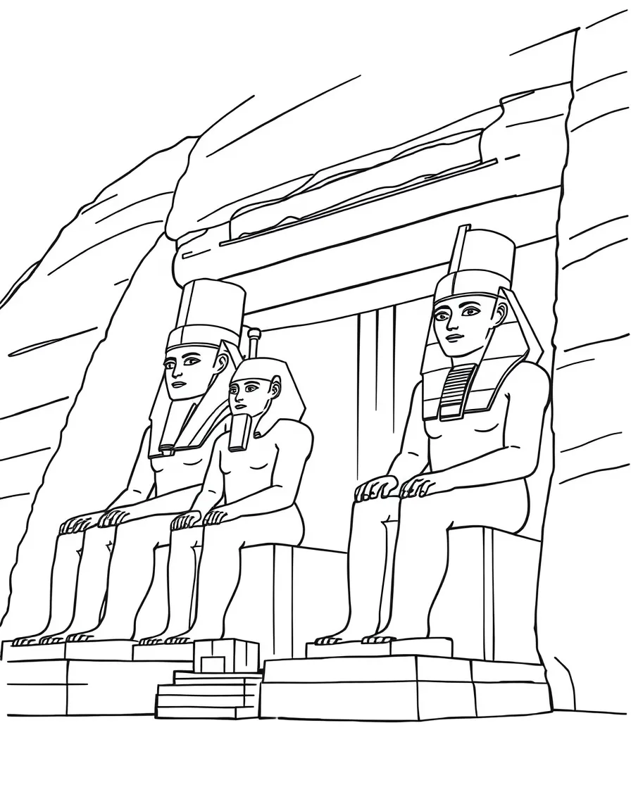 (Egypt) The massive seated statues at Abu Simbel temple carved into a cliffside.