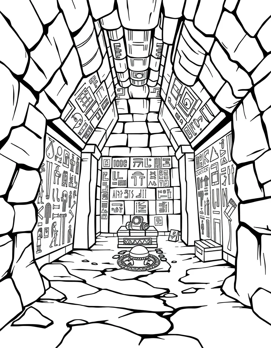(Egypt) The interior of a pyramid tomb with walls full of hieroglyphs and hidden treasures.