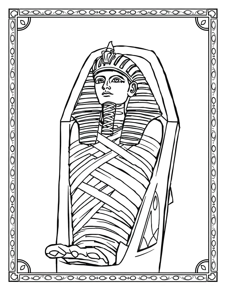 (Egypt) An Egyptian mummy wrapped in bandages resting in a decorated sarcophagus.