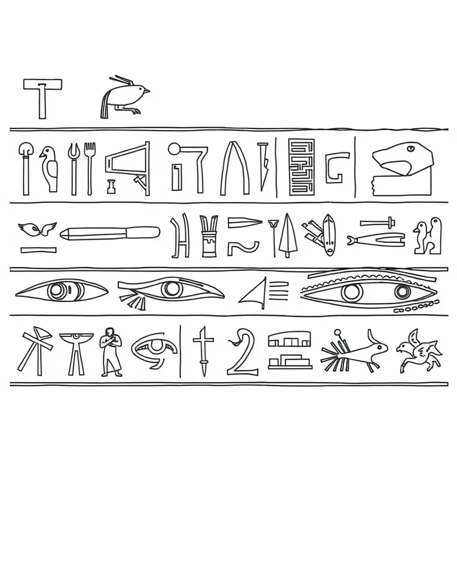 (Egypt) A wall of ancient Egyptian hieroglyphs showing birds, eyes, and other symbols.