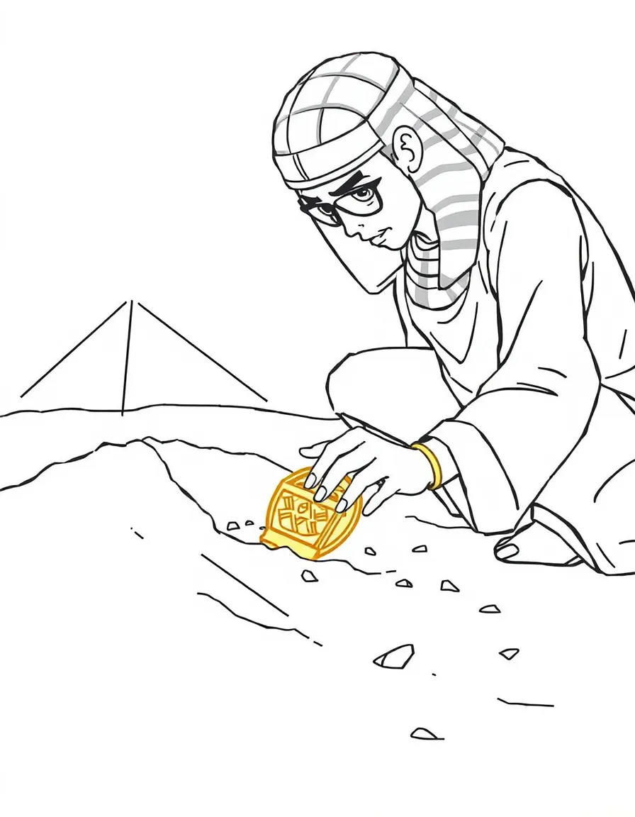 (Egypt) An archaeologist carefully digging in the sand and discovering a shiny golden artifact.
