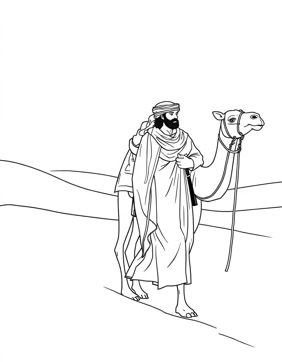 (Egypt) A Bedouin man in traditional robes leading his camel through the dunes.