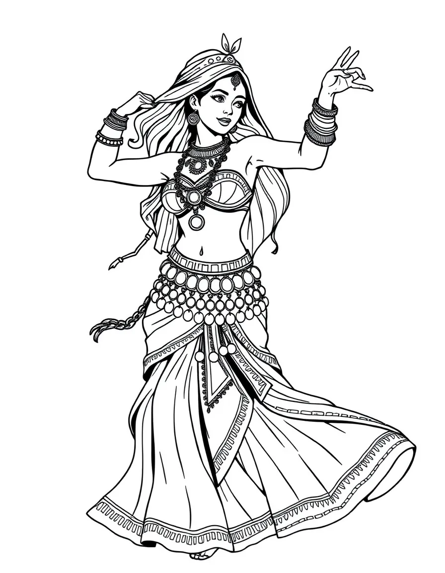 (Egypt) A dancer performing a belly dance with a colorful costume and jingling coin belt.
