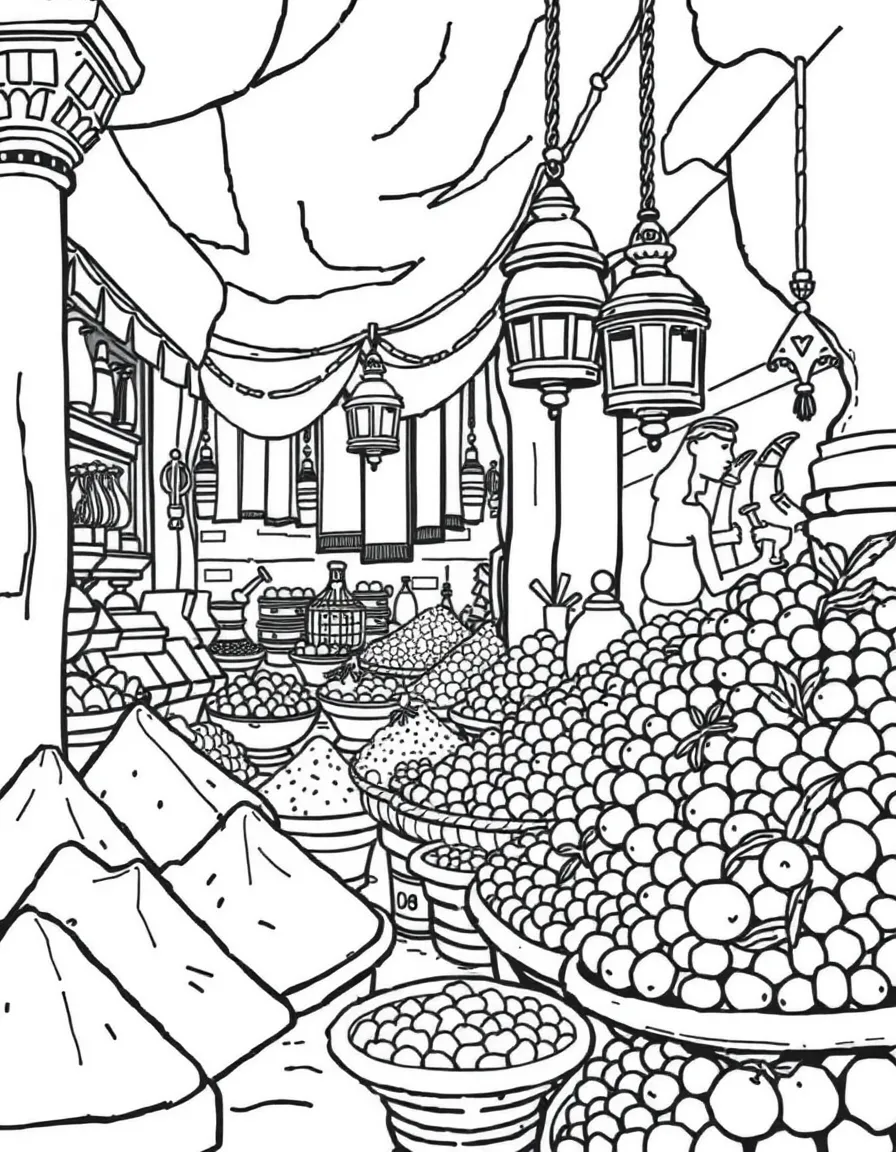 (Egypt) A busy bazaar stall with pyramids of spices, heaps of fruits, and brass lamps hanging.