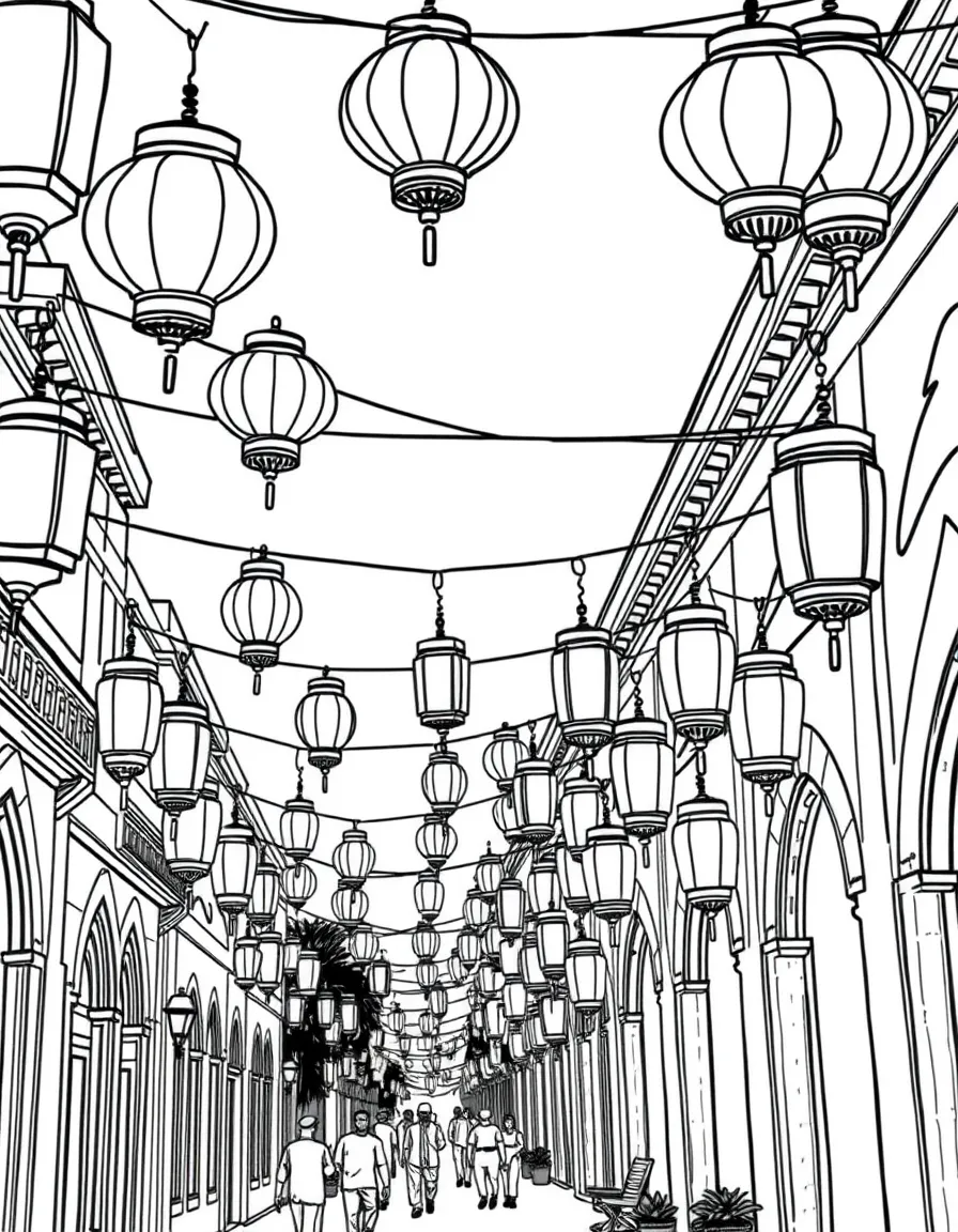 (Egypt) A street decorated with many bright fanoos (Ramadan lanterns) hanging overhead.