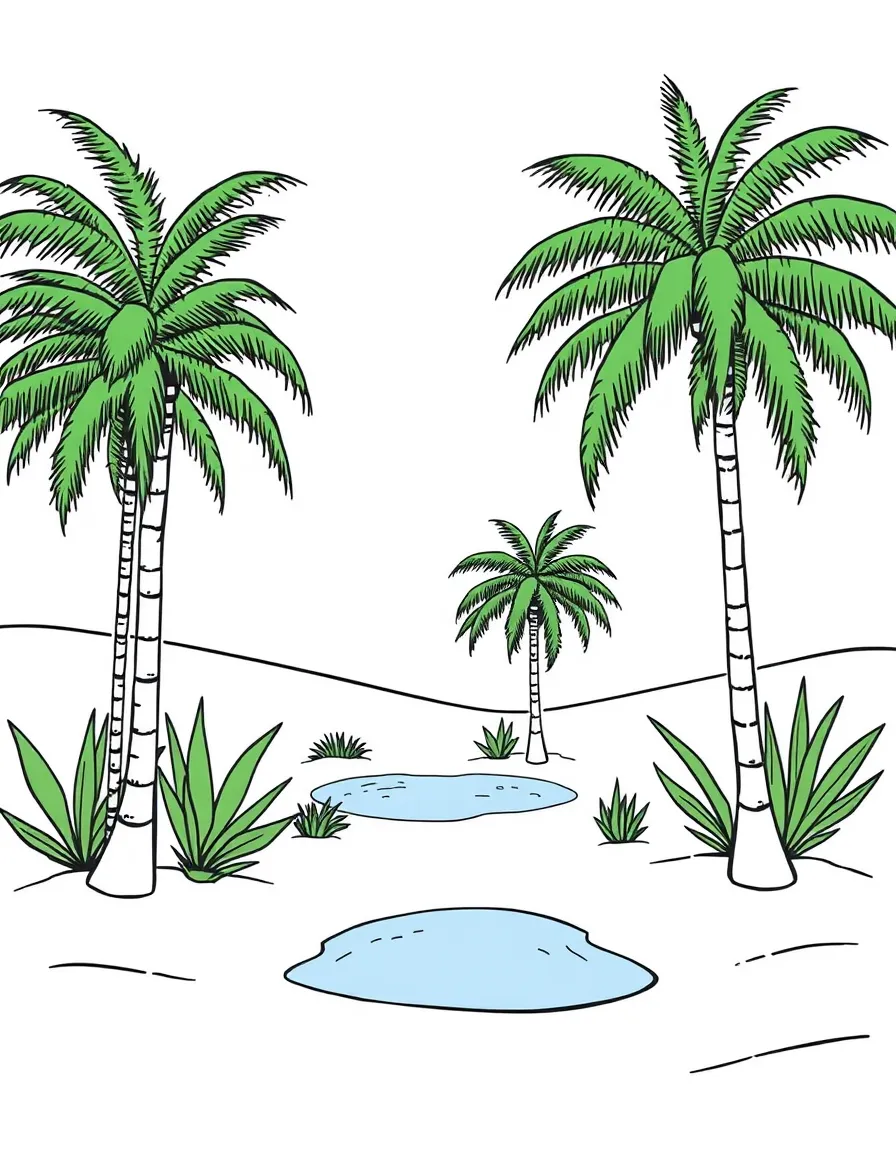 (Egypt) A desert oasis with green palm trees and a small blue pond in the middle of the sand.