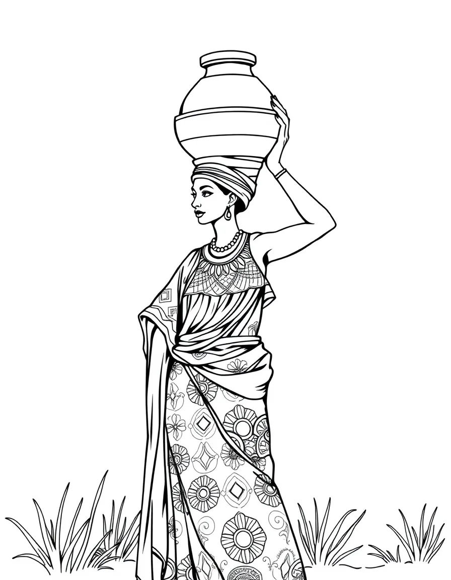 (Egypt) A Nubian woman in a bright patterned dress carrying a clay water pot on her head.