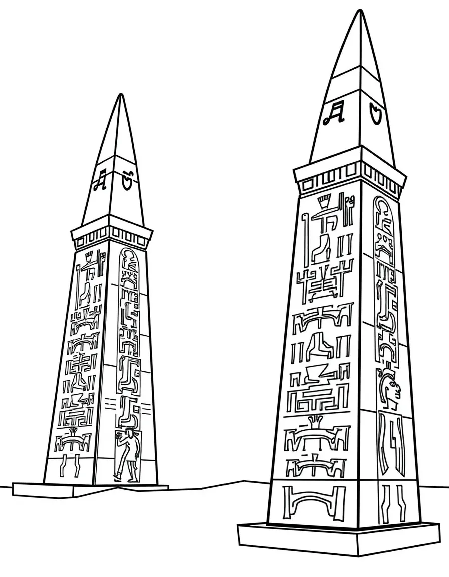 (Egypt) Two tall obelisks with pointed tops, covered in carved hieroglyphs.