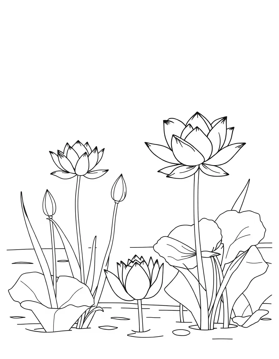 (Egypt) Lotus flowers and papyrus plants growing along the banks of the Nile River.