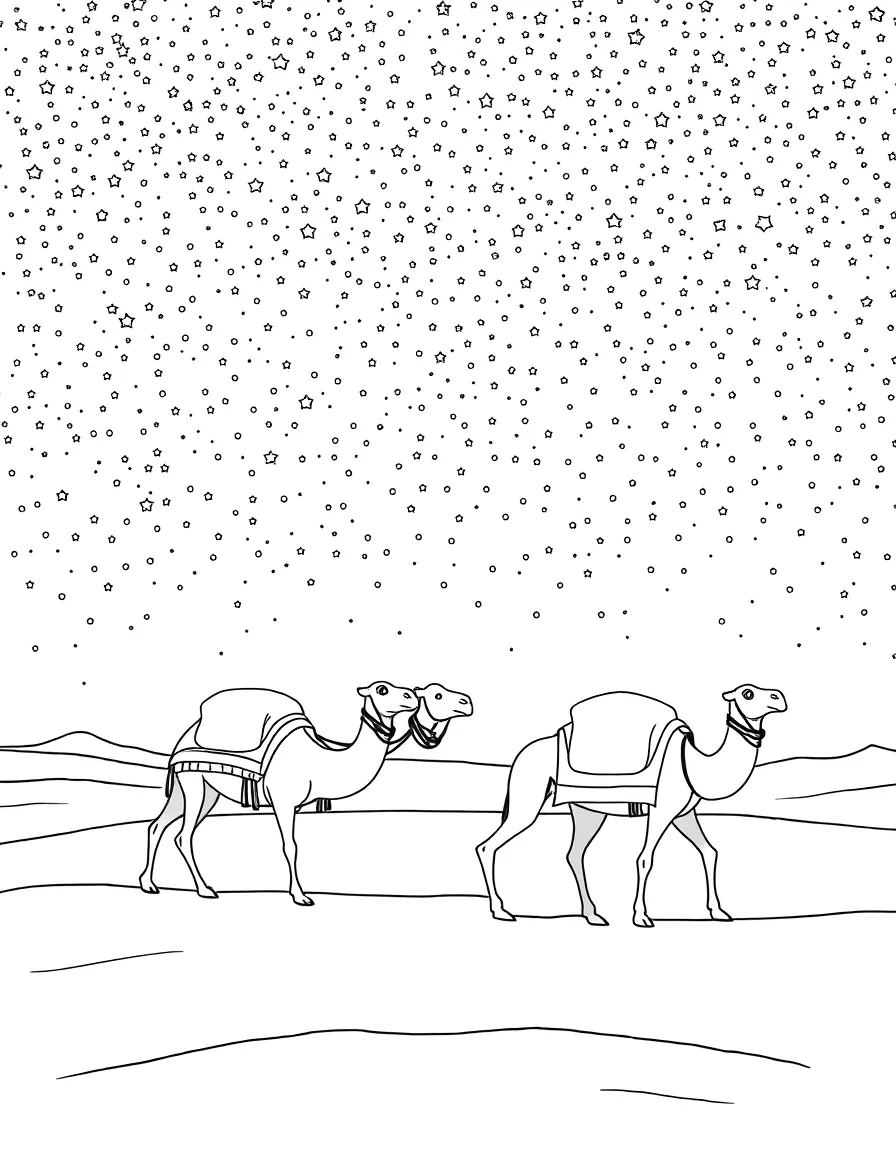 (Egypt) A caravan of camels traveling under a star-filled sky in the desert night.