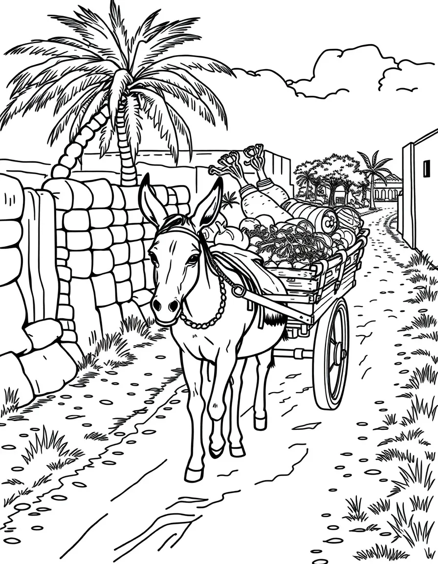 (Egypt) A donkey pulling a cart full of vegetables down a dirt road in a village.