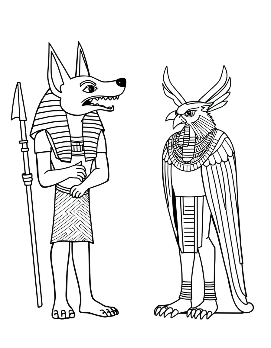 (Egypt) A wall painting of ancient Egyptian gods like Anubis (with a jackal head) and Horus (with a falcon head).