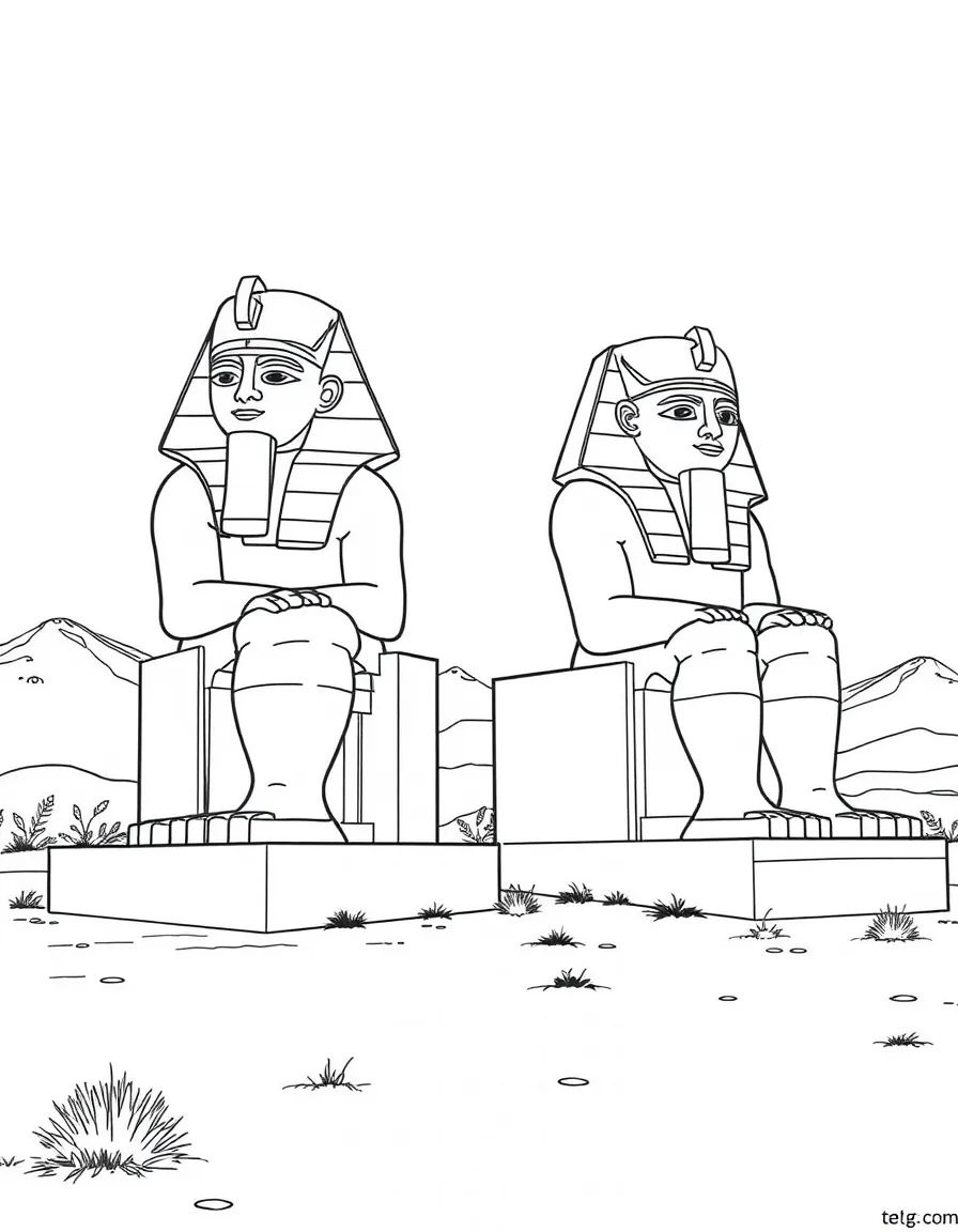 (Egypt) The Colossi of Memnon, two giant seated pharaoh statues standing in the desert.