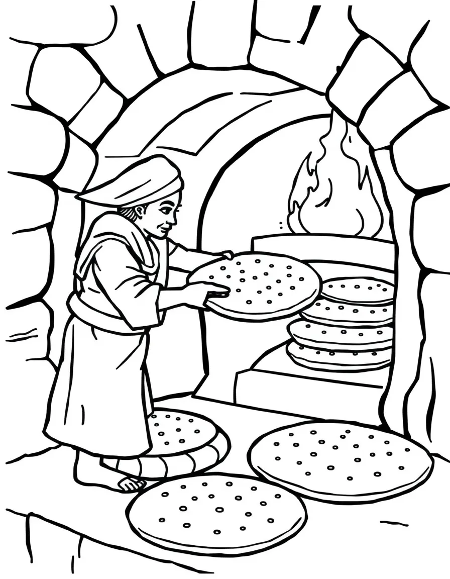 (Egypt) A baker pulling out round flatbreads from a hot clay oven.