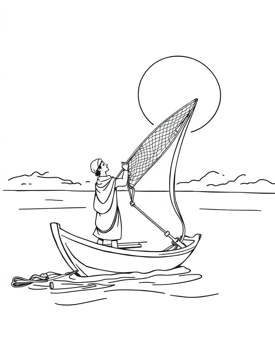 (Egypt) A fisherman casting a net from a small boat on the Nile River.