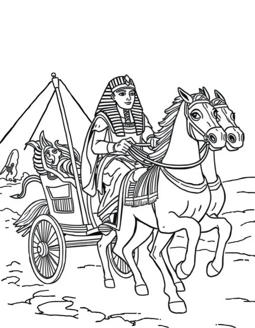 (Egypt) An ancient Egyptian pharaoh riding in a chariot pulled by horses.