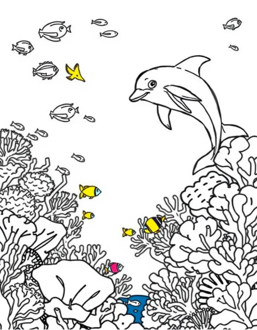 (Egypt) A vibrant coral reef in the Red Sea with colorful fish and a friendly dolphin.