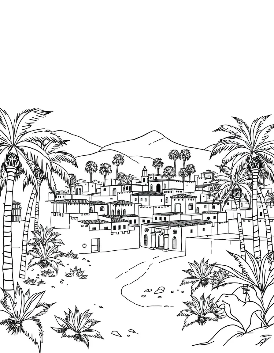 (Egypt) A town in an oasis with mud-brick houses and palm trees all around.